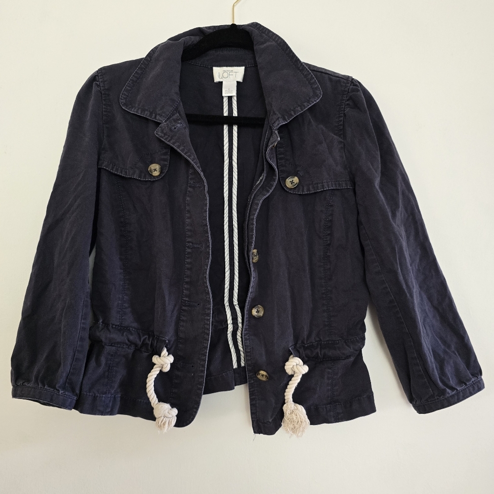 Ann Taylor Jacket Navy Blue Collared Buttons 3/4 Sleeve Drawcord Tie.